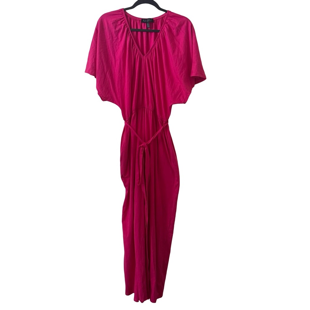 Eloquii Maxi Dress Women's Sz 16 Hot Pink V-Neck Long Sleeve Tie Front Stretch